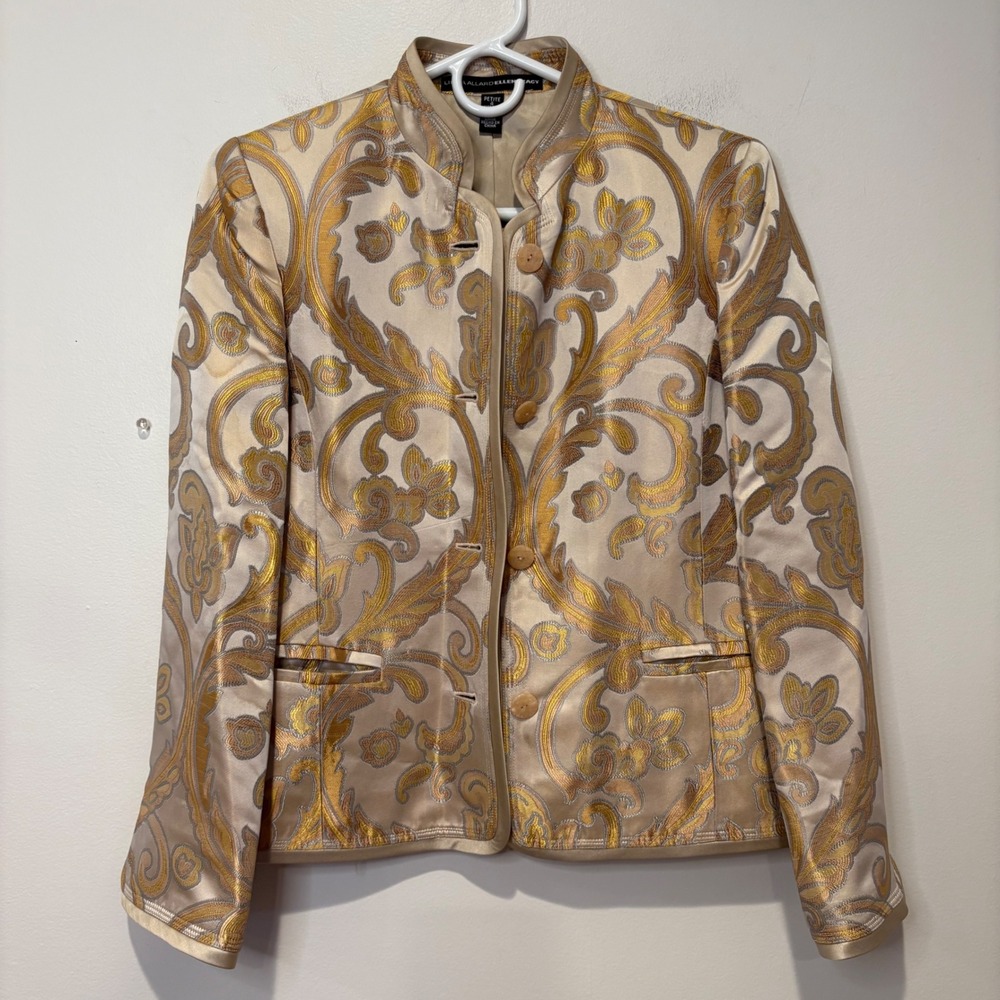 Linda‎ Allard Ellen Tracy Gold Paisley Blazer 100% Silk Linking Size 4P Petite